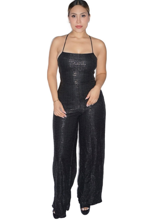 Glam Sequins Drawstring Lace Back Jumpsuit