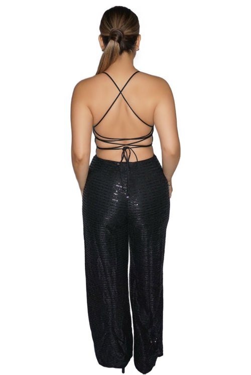 Glam Sequins Drawstring Lace Back Jumpsuit