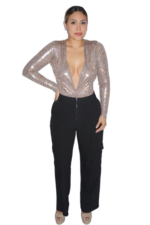 Luxe slinky foil deep v-neck long sleeve bodysuit