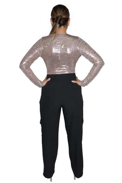 Luxe slinky foil deep v-neck long sleeve bodysuit